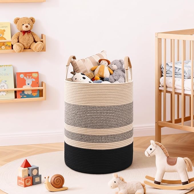 90L Striped Laundry Basket, Brown & Black Laundry Hamper with Leather Handles, Woven Cotton Rope Storage Bin for Blankets, Nursery Hamper for Clothes, Toys In Bathroom, Livingroom, Bedroom