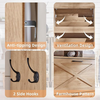 Shoe Storage Cabinet with 2 Flip Drawers, Boho Shoes Organizer for Entryway, Narrow Hidden Shoe Rack with Wood Legs & Open Storage, Free Standing Shoe Closet for Foyer, Hallway, Natural Oak