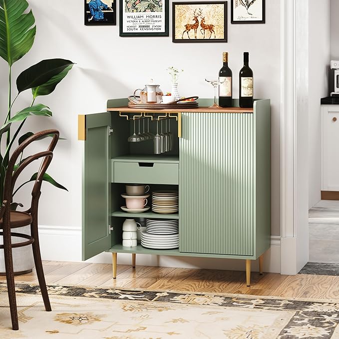 ARTPOWER Coffee Bar Cabinet with Wine Racks, Liquor Cabinet with Fluted Texture, Modern Sideboard Buffet Cabinet for Kitchen Dining Room, Living Room, Sage Green