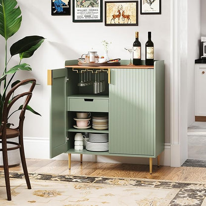 ARTPOWER Coffee Bar Cabinet with Wine Racks, Liquor Cabinet with Fluted Texture, Modern Sideboard Buffet Cabinet for Kitchen Dining Room, Living Room, Sage Green