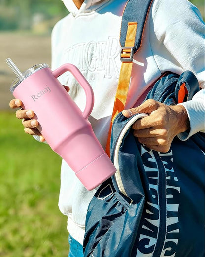 Renoj Tumbler with Handle 100% Spill Resistant Insulated Water Bottle for Iced Coffee & Hot Drinks - Fits Car Cup Holder, Ideal Gift, 2 Straws & Silicone Boot BPA-Free - FlexSlide Pink 32 oz