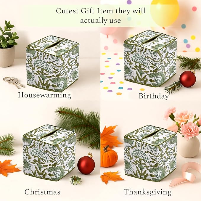 CPC Agate Green Hand Block Printed Cotton Tissue Box Cover 5" x 5" x 5.5" Square Soft Reusable Boho Napkin Holder for Home Kitchen Dining Bathroom Office Cafe Spa Summer Thanksgiving