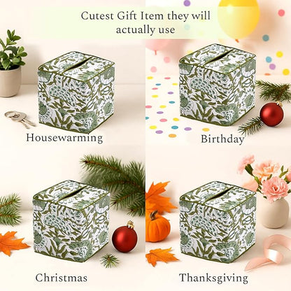 CPC Agate Green Hand Block Printed Cotton Tissue Box Cover 5" x 5" x 5.5" Square Soft Reusable Boho Napkin Holder for Home Kitchen Dining Bathroom Office Cafe Spa Summer Thanksgiving