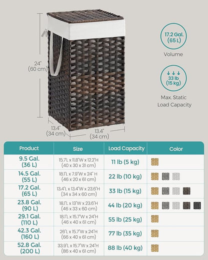 SONGMICS Laundry Hamper with Lid, 17.2 Gallon (65 L) Synthetic Rattan Clothes Laundry Basket with Lid and Handles, Foldable, Removable Liner, Chestnut Brown ULCB165K01