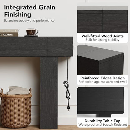 63 Inch Long Console Table w/Outlets & USB Ports, Narrow Rectangular Sofa Table Behind The Couch, Farmhouse Entryway Table for Entrance, Hallway, Living Room(Black with Outlet)
