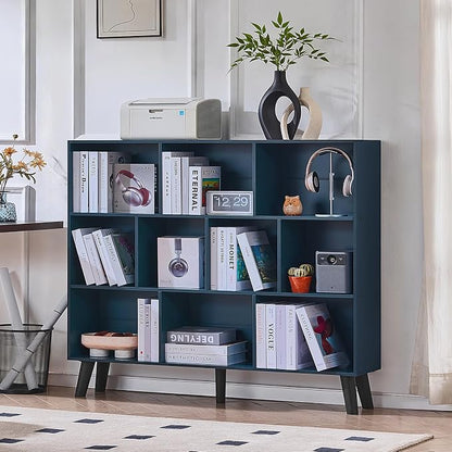 LEYAOYAO 10 Cube Bookshelf, 3 Tier Vintage 55" Wide Bookcase with Legs, Mid-Century Wood Bookshelves Storage, Dark Blue Large Book Case, Freestanding Organizer Display Shelf for Living Room, Office