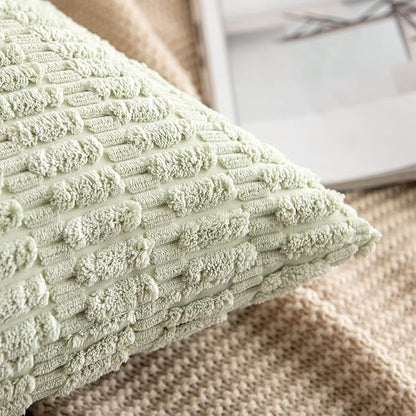 MIULEE Pack of 2 Spring Corduroy Decorative Throw Pillow Covers 18x18 Inch Soft Boho Striped Pillow Covers Modern Farmhouse Home Decor for Summer Sofa Living Room Couch Bed Light Green