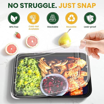 32oz Meal Prep Containers [50-Pack], Reusable Bento Box with Easy-Snap Leakproof Lids - Microwave, Dishwasher & Freezer Safe Food Storage, BPA-Free Plastic Lunch Containers (Black)