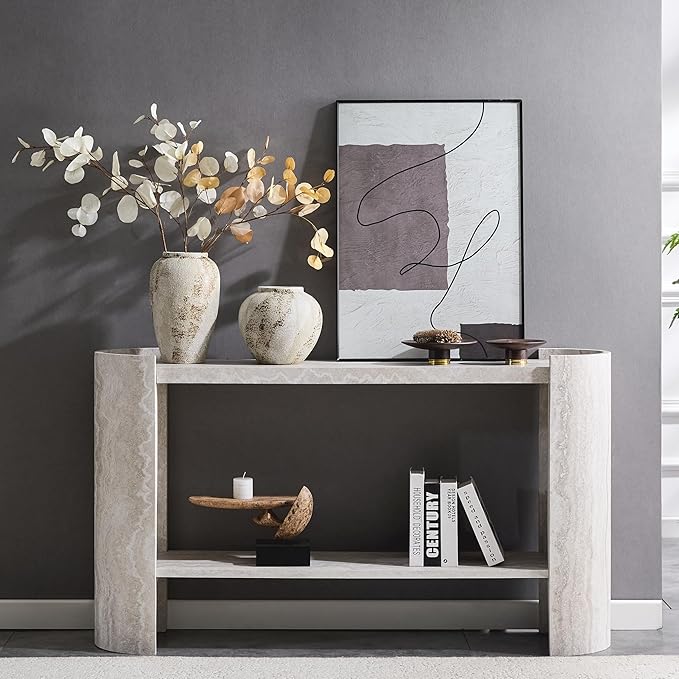 53" Console Table for Entryway, Narrow Sofa Entrance Table with Faux Mars Marble Pattern, Modern Sofa Tables with Storage Shelf for Living Room, Hallway, Foyer, Home Office, Beige