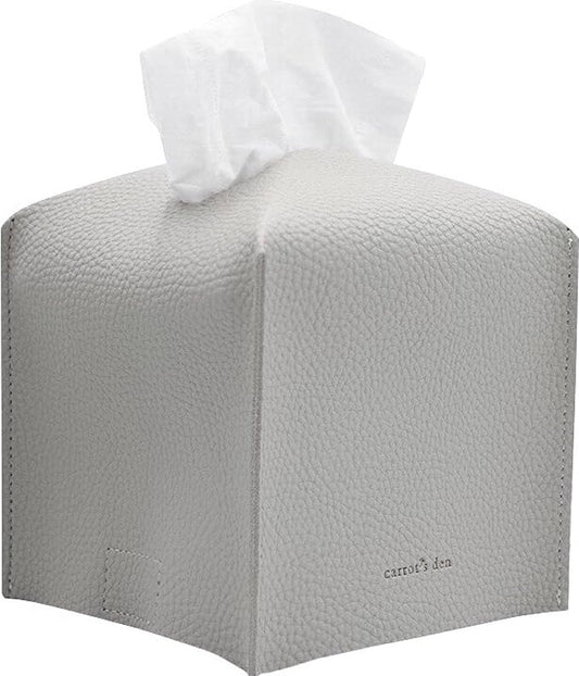 Tissue Box Cover Holder, Square with Bottom Belt by Carrot's Den - PU Leather Decorative Organizer for Tabletop, Bathroom, Car, Office | Pastel Gray