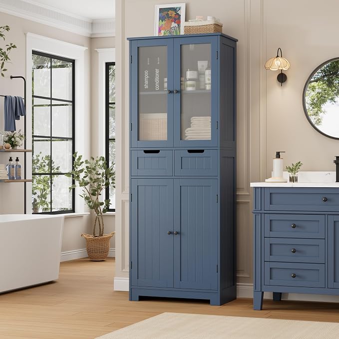 HORSTORS 67" Tall Bathroom Storage Cabinet, Freestanding Storage Cabinet with Glass Door and Shelves, Kitchen Pantry with 2 Drawers for Bathroom, Living Room, Dining Room, Blue