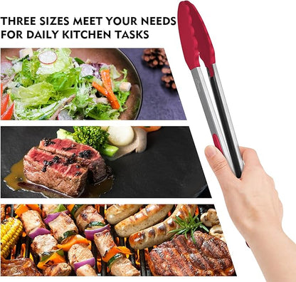 Hotec Premium Stainless Steel Locking Kitchen Tongs with Silicon Tips, Set of 3-7", 9" and 12" multicolor