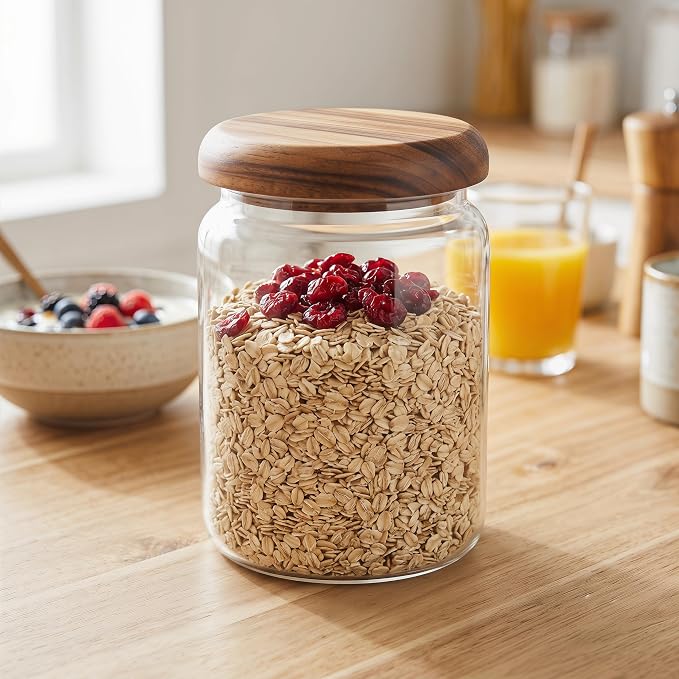 4-Pack 23 oz Glass Jars with Wooden Lids, Spice Jars | Wide mouth for scooping. Solid acacia wood lids & spoons (no plastic). Airtight seal. For coffee, oats, spices, dry goods.