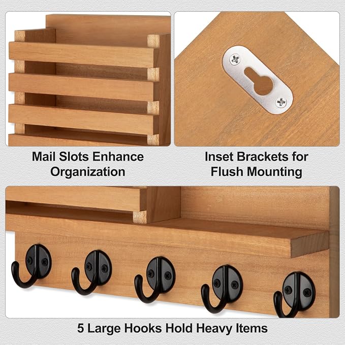 Lwenki Key Holder for Wall – Decorative Wooden Mail Holder and Key Shelf with Mounting Hardware, Installation Guide – Paulownia Wood with Metal Key Hooks (Light Brown, Large - 11.8inch)