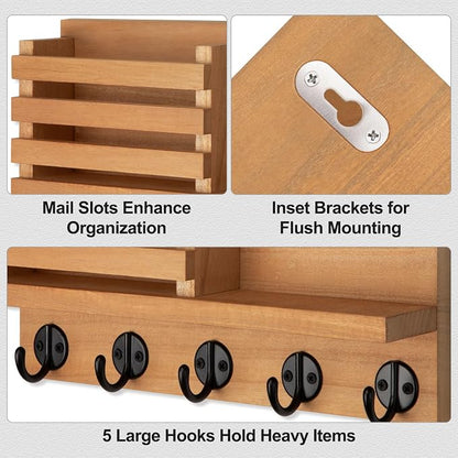 Lwenki Key Holder for Wall – Decorative Wooden Mail Holder and Key Shelf with Mounting Hardware, Installation Guide – Paulownia Wood with Metal Key Hooks (Light Brown, Large - 11.8inch)