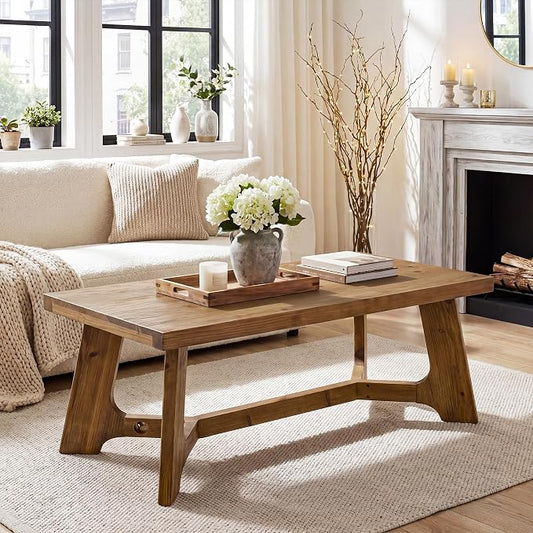 Solid Wood Coffee Table, 47-Inch Rectangle Coffee Table for Living Room, Farmhouse Accent Low Tea Tables for Home, Office, Brown