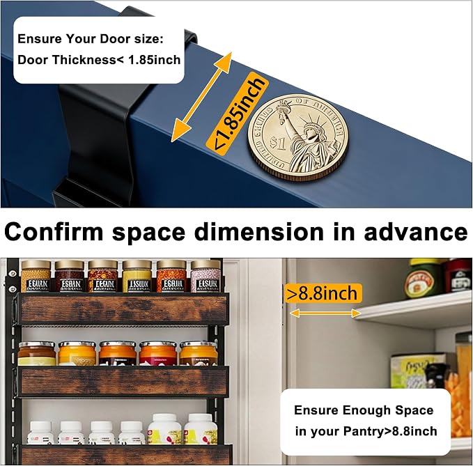8 Tier Over The Door Pantry Orangizer 2 IN 1 Wall Mounted or Hanging Spice Rack with Adjustable Wood Basket,Heavy Duty Seasoning Storage Shelf for Kitchen Pantry and Bathroom
