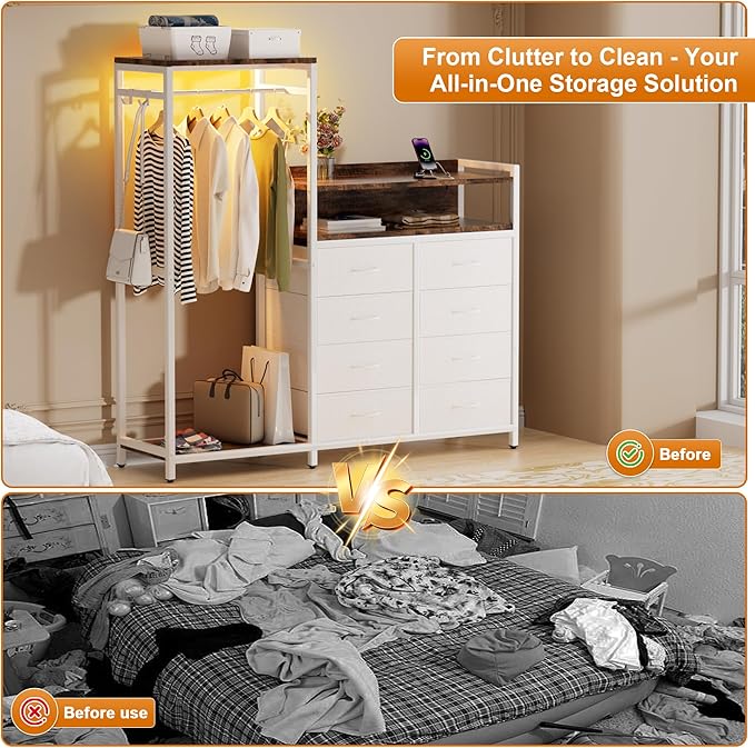 58" H Dresser with Hanging Rack,8 Fabric Drawers, Large Capacity Storage Organizer with USB Charging Station & LED Lights& Hooks for Bedroom Dorm Room Apartment,White