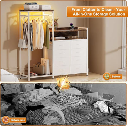 58" H Dresser with Hanging Rack,8 Fabric Drawers, Large Capacity Storage Organizer with USB Charging Station & LED Lights& Hooks for Bedroom Dorm Room Apartment,White