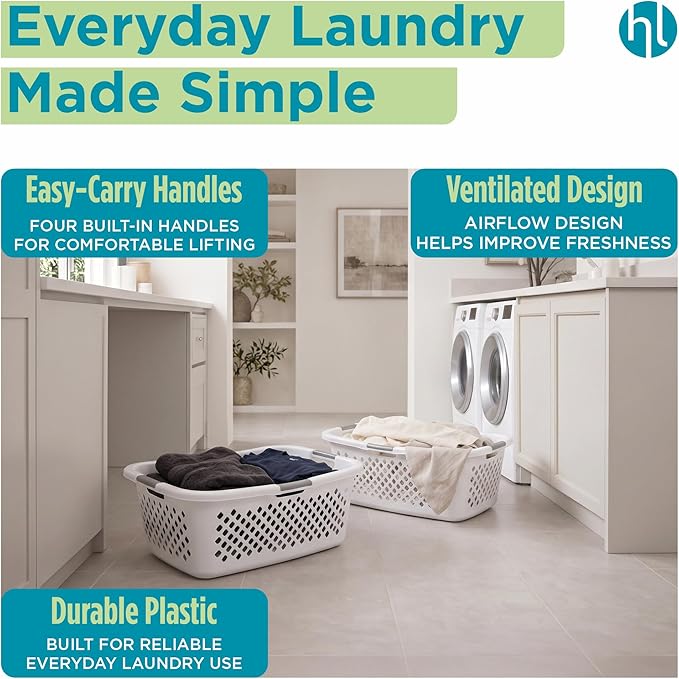 Home Logic 1.5 Bushel Plastic Laundry Basket Front Load, Large Laundry Hamper with Handles, Ventilated Clothes Organizer for Bedroom Bathroom Closet, 2 Pack, White
