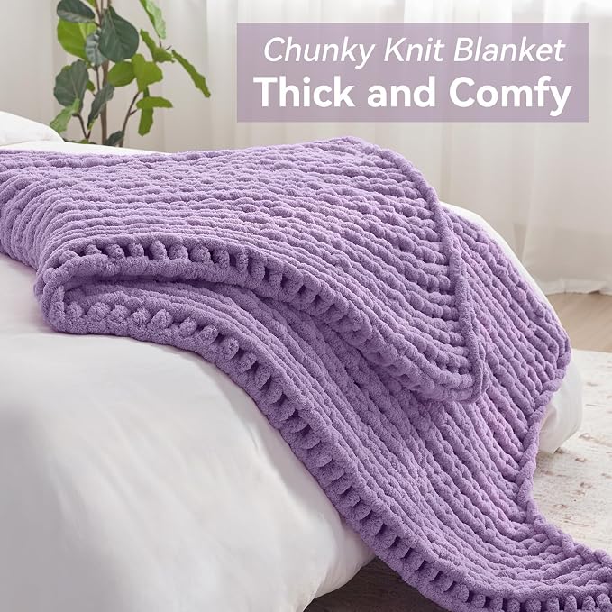 Negwoo Chunky Knit Throw Blanket, 80''*90'' Knitted Throw Chenille Yarn for Bed Couch, Handmade Light Purple Crochet Big Thick Blanket, Machine Washable Cute Comfy Blanket for Home Decor