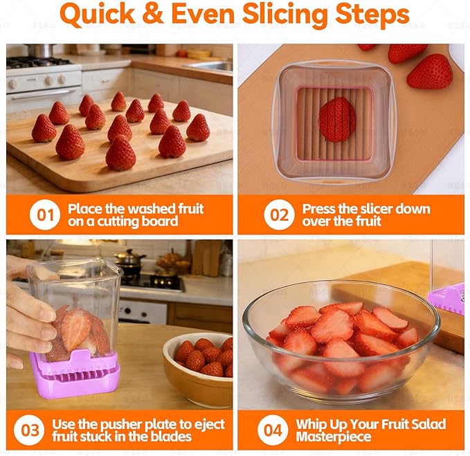 Fruit Slicer Cup for Strawberry, Banana, Hard-Boiled Egg - Detachable Cutter with Push Plate - Rapid & Safe Slicing Kitchen Gadget for Quick Meal Prep (Purple)
