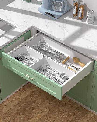 10 Pack Large Size Plastic Drawer Organizers Set, 3 Sizes Desk Drawer Organizer Trays, Storage Bins for Vanity, Makeup, Bathroom, Kitchen Utensils and Office (White)