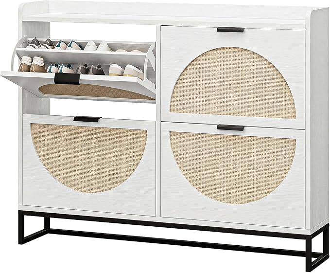 Shoe Storage Cabinet for Entryway Wooden Rattan Shoe Cabinet with 4 Flip Drawers Long Hidden Shoes Cabinet Storage with Metal Legs Narrow Shoe Rack Cabinet Shoes Organizer Cabinet for Hallway White