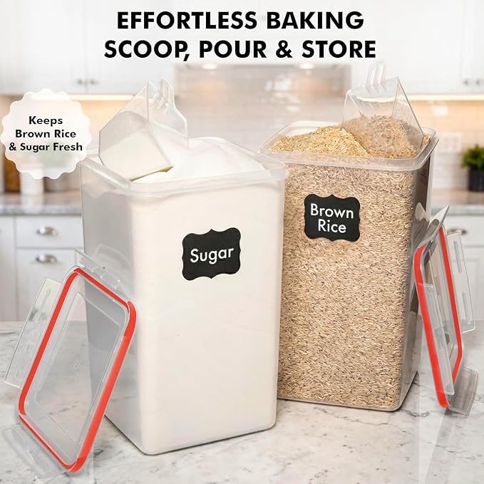 WHITE FEATHER SUPPLIES 2 PC [7 Qt / 6.5L / 220 Oz] Large Food Storage Containers with Lids Airtight - BPA Free Clear Plastic Kitchen and Pantry Storage Containers for Cereal, Flour, Sugar, Rice