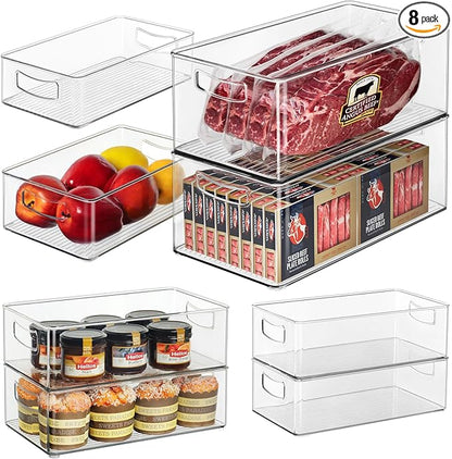 Hudgan 8 Pack Freezer Organizer Bins,Stackable,Clear Bins for Fridge,Pantry | Straight Side, 3 Sizes, 2 XL Storage Container, 3 Large Cabinet Organizer, 3 Medium Storage Drawer