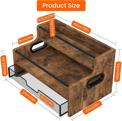 Homode Coffee Syrup Organizer Rack, 3-Tier 8 Bottles Syrup Stand with 35 K Cup Storage Drawer for Coffee Station Bar Accessories, Countertop Wood Liquor Bottle Holder for Wine, Rustic Brown