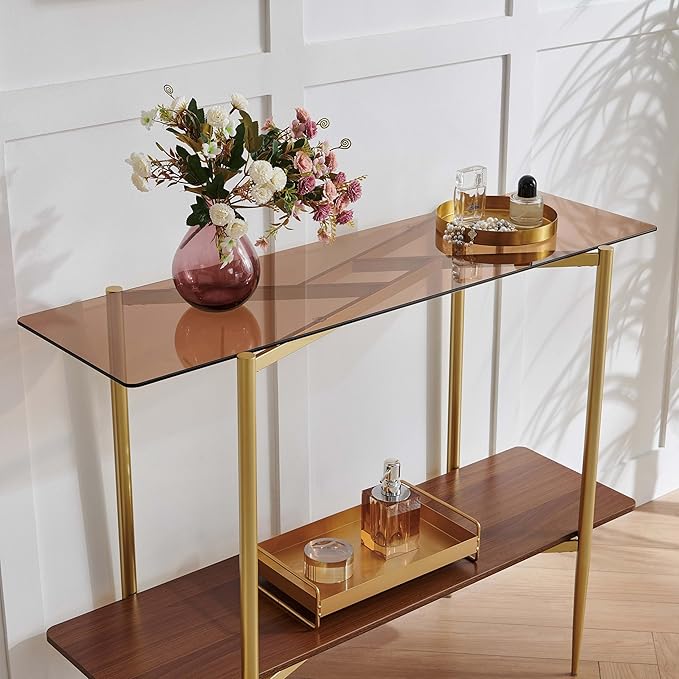 Rectangle Glass Console Table, Mid-Century Modern Design, L41*W14*H32 inch, for Living Room, Amber Glass Top and Walnut Finish Wood Shelf, Conical Metal Legs with Gold Finish