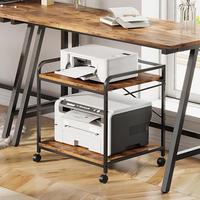 Warmiehomy 2 Tier Printer Stand with Storage, 22 Inches(55cm x 50cm) Under Desk Rolling Printer Cart with Height Adjustable Shelf, Large Printer Table for Home Office, Rustic Brown
