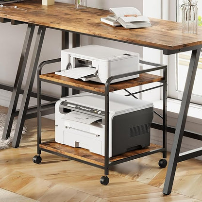 Warmiehomy 2 Tier Printer Stand with Storage, 22 Inches(55cm x 50cm) Under Desk Rolling Printer Cart with Height Adjustable Shelf, Large Printer Table for Home Office, Rustic Brown