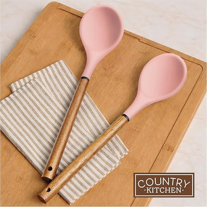 Country Kitchen Non Stick Silicone Utensil Set with Rounded Wood Handles for Cooking and Baking, 8 Piece Set, Pink