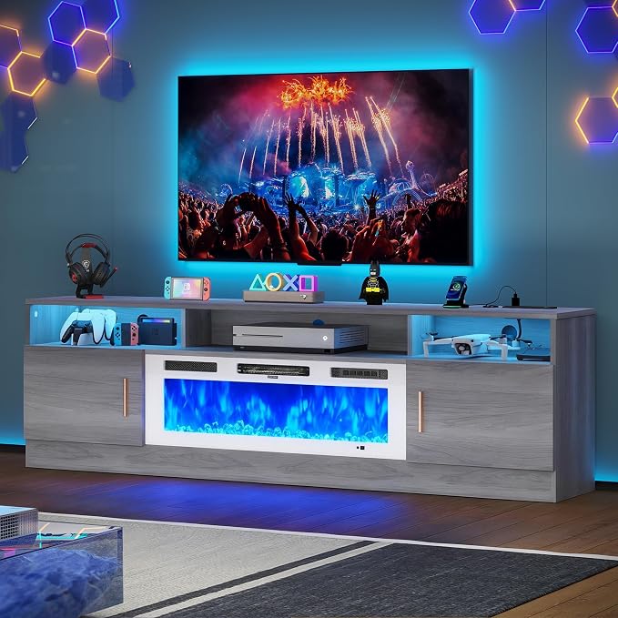 MXV 70" Fireplace TV Stand with Power Outlet for TVs UP to 80", Electric Fireplace Entertainment Center with LED Lights & Storage Cabinets, TV Console for Living Room, Office, Grey-White