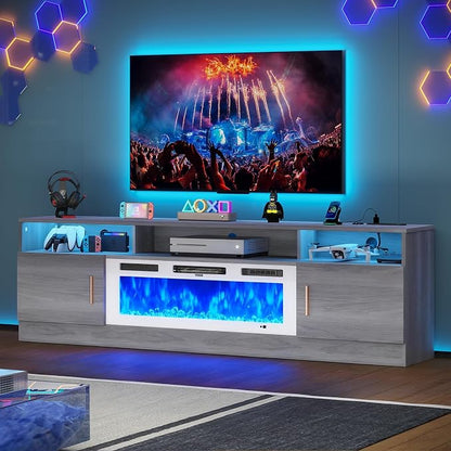 MXV 70" Fireplace TV Stand with Power Outlet for TVs UP to 80", Electric Fireplace Entertainment Center with LED Lights & Storage Cabinets, TV Console for Living Room, Office, Grey-White