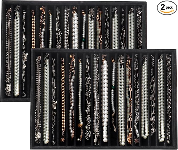 Large Velvet Jewelry Tray 2 Pack Stackable Jewelry Display Drawer Inserts Trays Organizer for Earring Bracelet Necklace Ring (Black, 16 Grids)