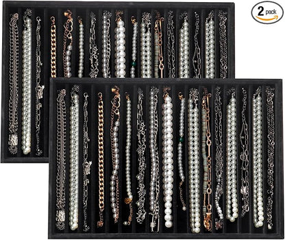 Large Velvet Jewelry Tray 2 Pack Stackable Jewelry Display Drawer Inserts Trays Organizer for Earring Bracelet Necklace Ring (Black, 16 Grids)