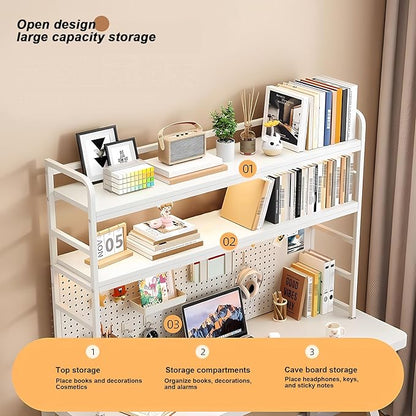 2-Tier Desktop Bookshelf Hutch - Metal Desk Shelf Bookcase with Desk Pegboard Countertop Storage Organizer Rack for Dorm or Office (A, 110cm/43in)