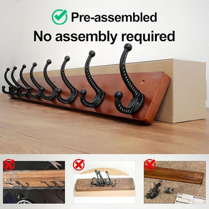 WEBI Rustic Coat Rack Wall Mount,35.43" Long 8 Cast Iron Coat Hooks Wall Mounted,Heavy Duty Wood Wall Coat Hanger Hooks for Hanging Coats,Jacket,Clothes,Backpack,Farmhouse,Cherry