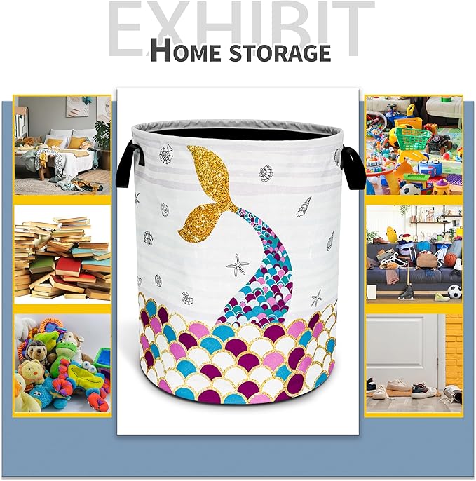 NUTAINLA Mermaid Scales Tail Laundry Basket Foldable Oxford Cloth Funny Tote Bag Laundry Hamper Clothes Storage Bucket Toy Organizer For Bathroom/Laundry Storage/Bedroom 18.9x16.5 Inch