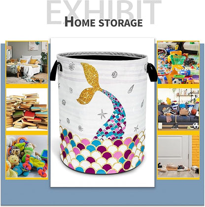 NUTAINLA Mermaid Scales Tail Laundry Basket Foldable Oxford Cloth Funny Tote Bag Laundry Hamper Clothes Storage Bucket Toy Organizer For Bathroom/Laundry Storage/Bedroom 18.9x16.5 Inch