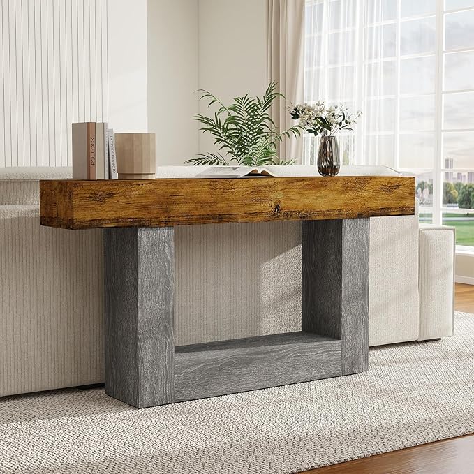 Spaco 63'' Long Console Table,2 Tier Farmhouse Entryway Table Sofa Table with Storage,Wood Behind Couch Table for Living Room, Hallway,Foyer (Rustic Brown w/Grey Leg)