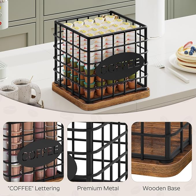 YATINEY Coffee Pod Holder for K Cup, Large Capacity Coffee Pod Organizer, Versatile Coffee Capsule Storage Basket with Wooden Base, Rustic Brown KH10BR