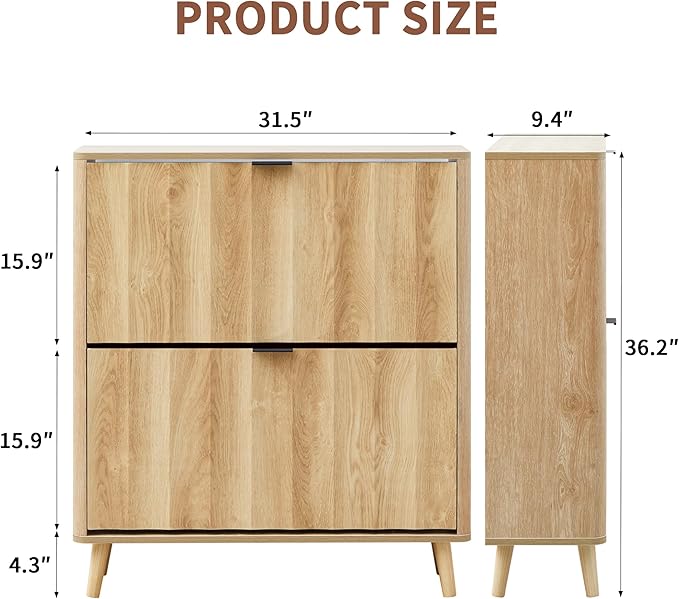 31.5” Fluted Shoe Cabinet Storage with 2 Flip Drawers,Narrow Freestanding Shoe Storage Organizer,Slim Shoe Rack Cabinet for Entryway,Hallway (Natural)