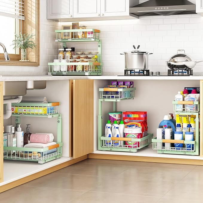 PXRACK Under Sink Organizer, Adjustable Height, 2 Tier Pull Out Under Cabinet Organizer, Slide Out Thickened Metal Under Sink Storage for Kitchen Bathroom Laundry Pantry Cabinet, Green, Large-1-Pack