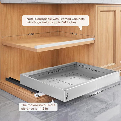 Seinloes 2 Pack Pull Out Cabinet Organizers 21" Deep With Raising Pad for Framed Cabinets, Expandable Width (15.2"-26.3") Slide Out Drawers Upgrade 3 Slide Rails, Roll Out Shelves Adhesive, Silver