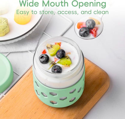 MICEBAY 16oz Overnight Oats Containers with Silicone Sleeves, 4-Pack Wide Mouth Glass Mason Salad Jars with Airtight Lids, BPA-Free Dishwasher Safe Leak-Proof Chia Seed Pudding Jar Meal Prep Container
