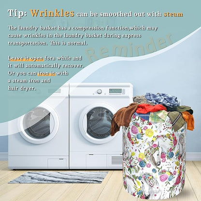 Beautiful Horse Laundry Basket Colorful Floral Animal Laundry Hamper Foldable Oxford Cloth Funny Tote Bag Clothes Toy Storage Bucket For Bathroom/Laundry Storage/Bedroom 18.9 x 16.5 Inch